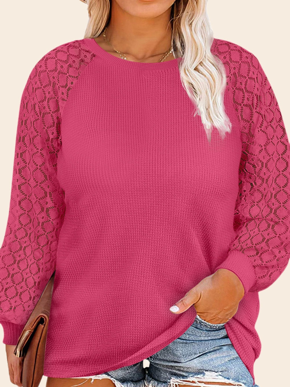 Strawberry Pink Plus Size Contrast Lace Sleeve Waffle Knit Top
