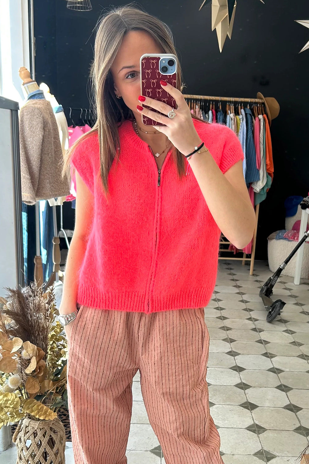 Coral Paradise Ribbed Trim Crew Neck Zip Up Sweater Vest