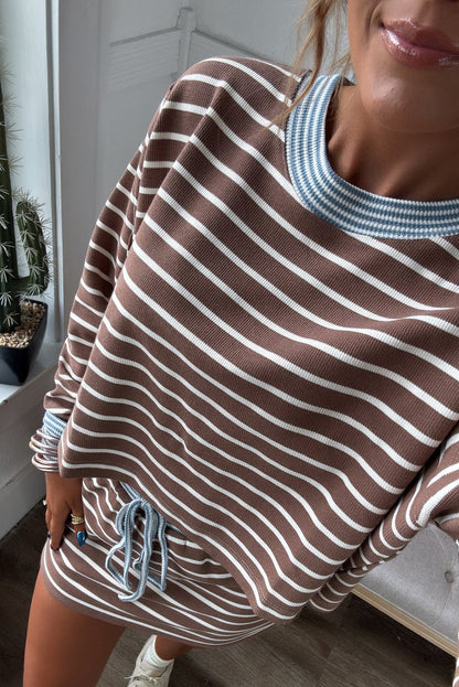 Brown Stripe Contrast Webbing Patchwork Cropped Long Sleeve Top Drawstring Mini Skirt Set