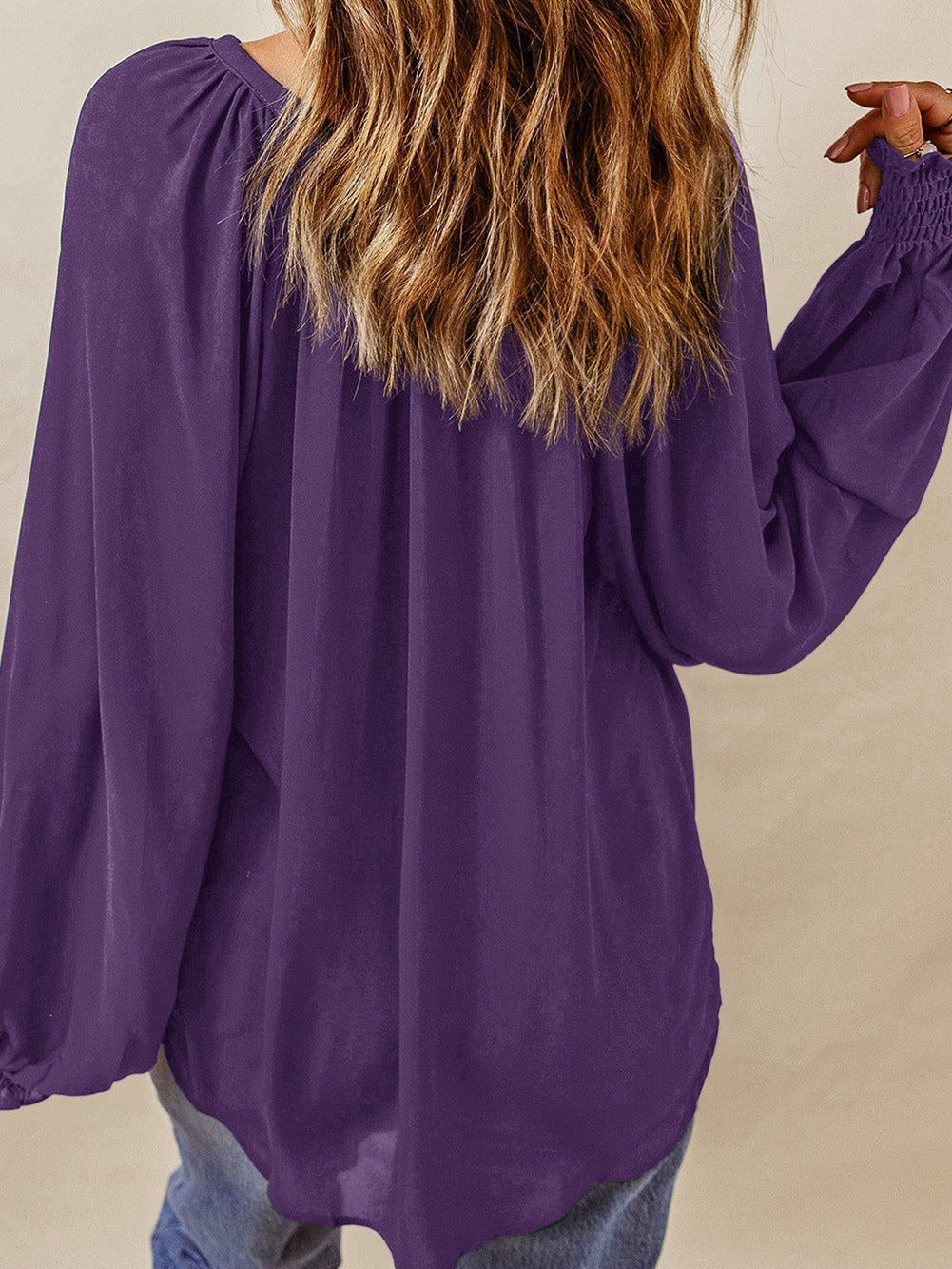 Elegant Purple Pleated V Neck Blouse with Puffy Sleeves