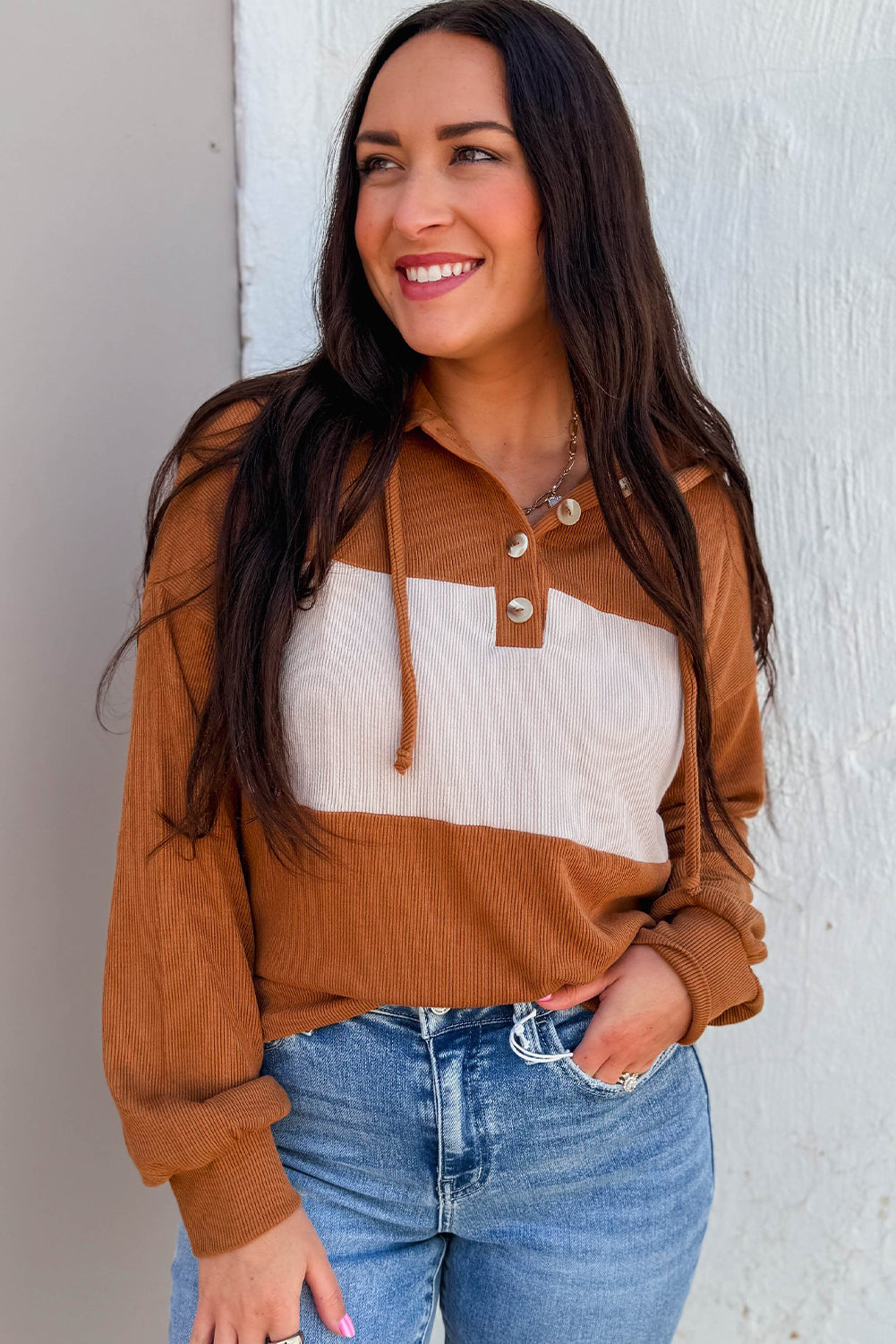 Chestnut Color Block Ribbed Knit Button Neck Drop Shoulder Hoodie