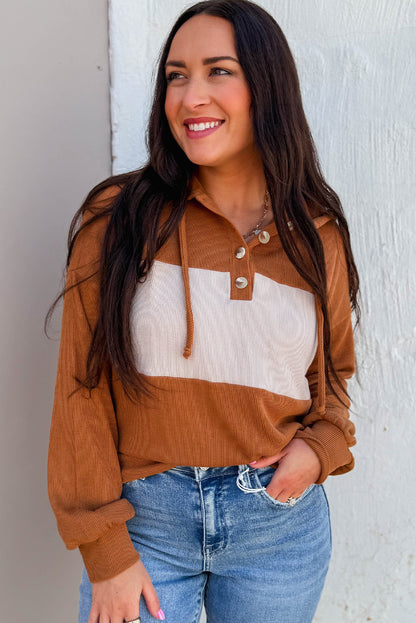 Chestnut Color Block Ribbed Knit Button Neck Drop Shoulder Hoodie