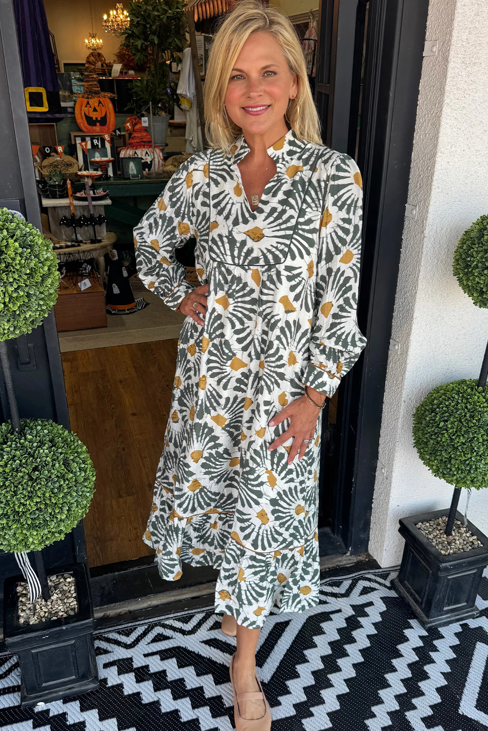 Gray Abstract Floral Print Split V Neck Long Dress with Sleeves