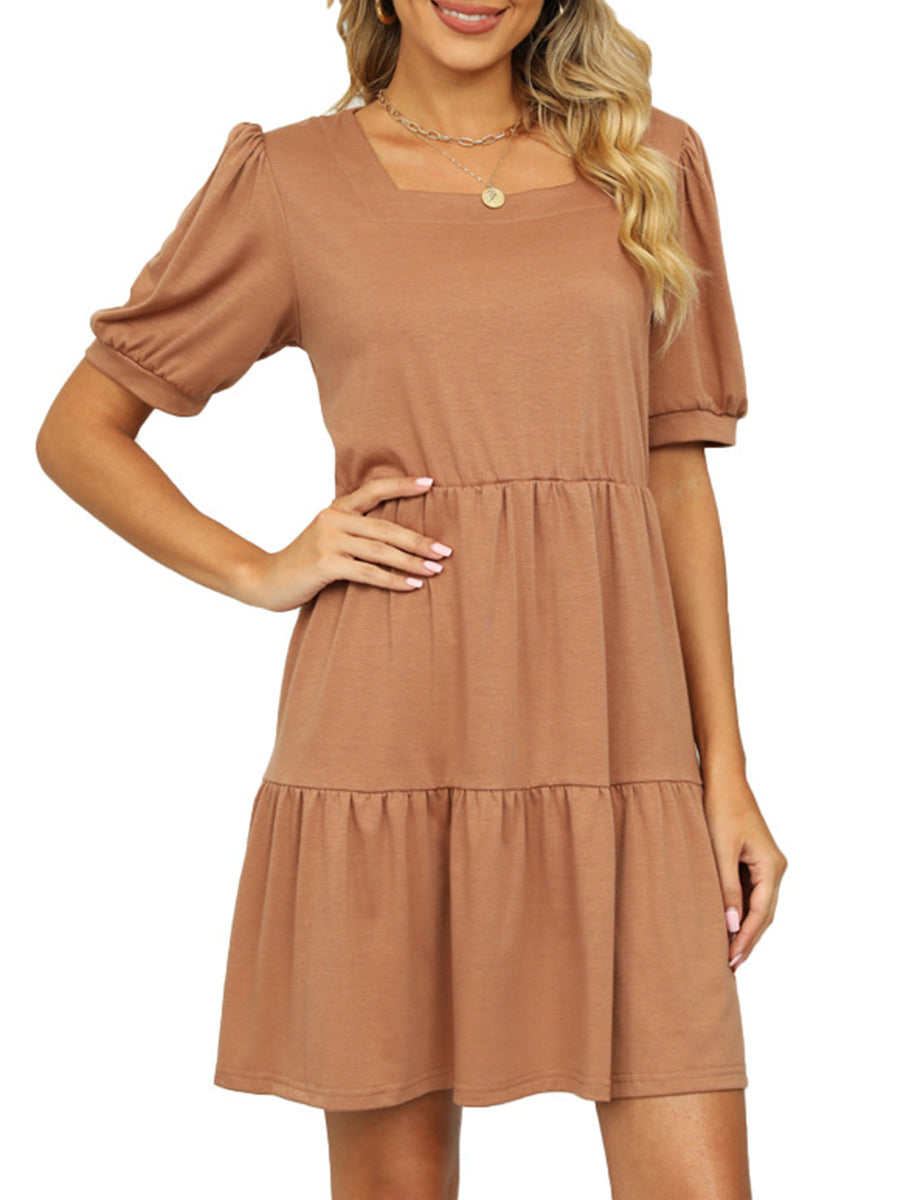 Mini Dresses - Solid Color Square Neck Short Sleeve Loose Stitching Mini Dress - MsDressly
