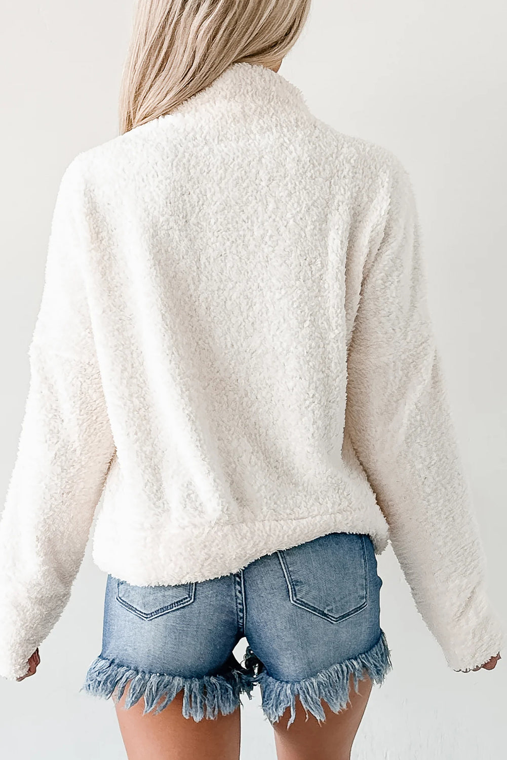 White High Neck Drop Shoulder Fuzzy Knit Sweater