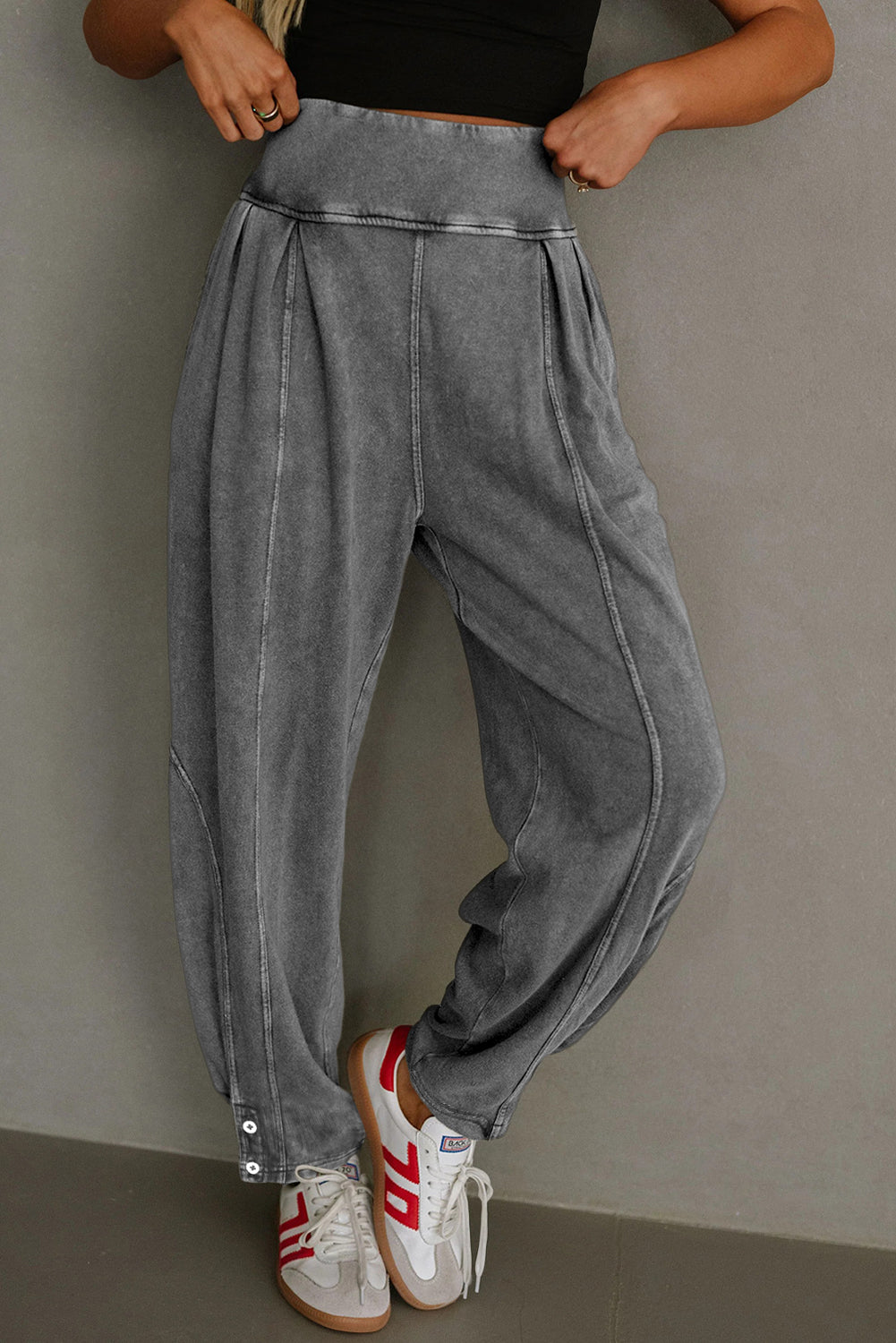 Medium Grey Mineral Wash Jogger Style High Waist Casual Pants