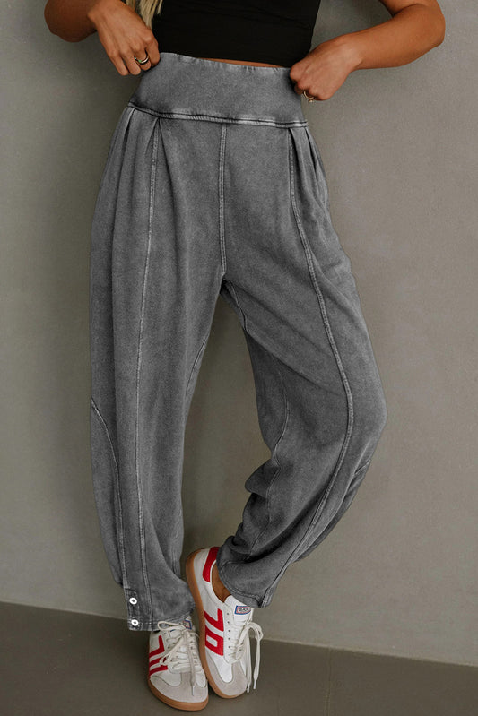 Medium Grey Mineral Wash Jogger Style High Waist Casual Pants