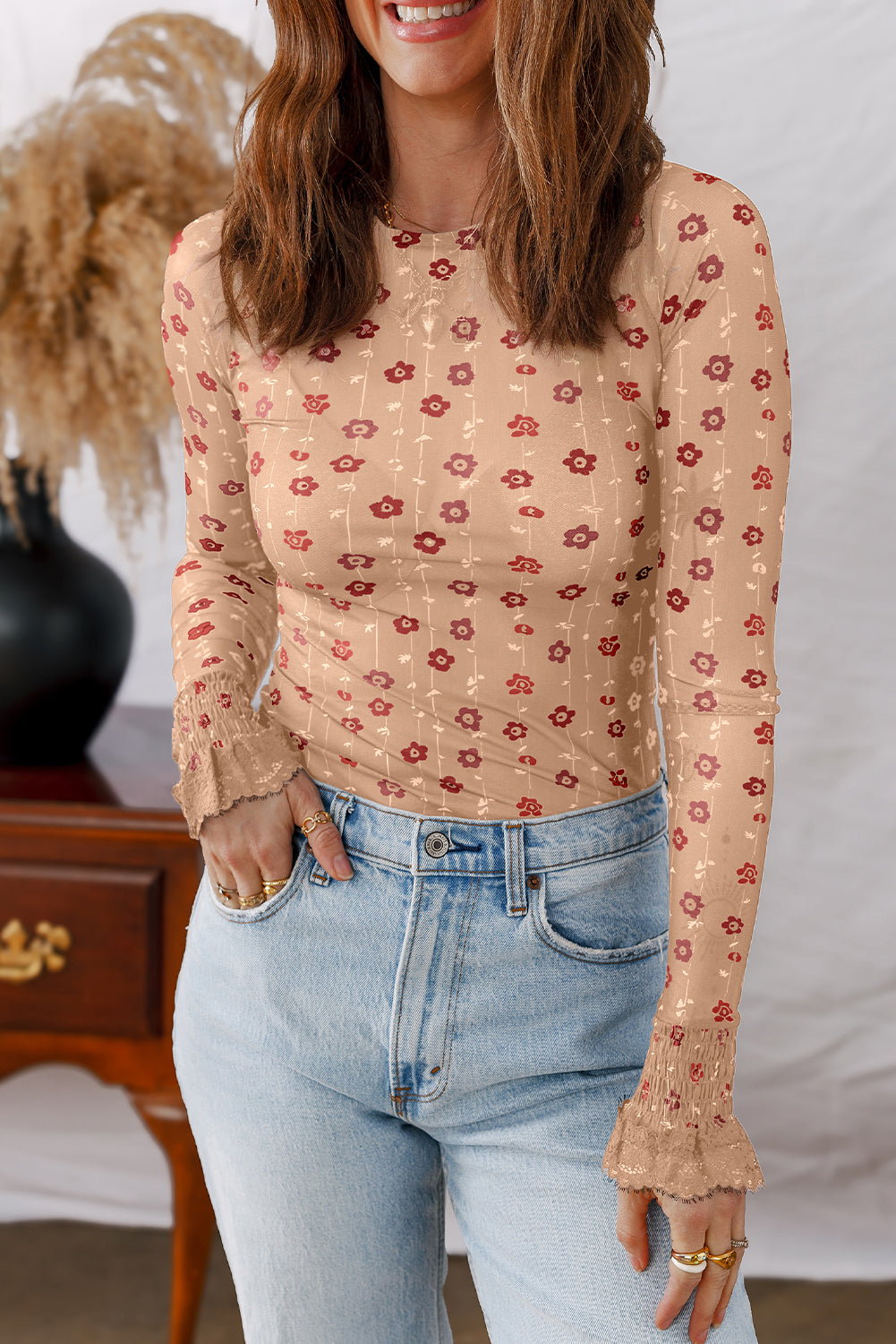 Apricot Floral Print Smocked Cuff Slim Fit Mesh Bodysuit