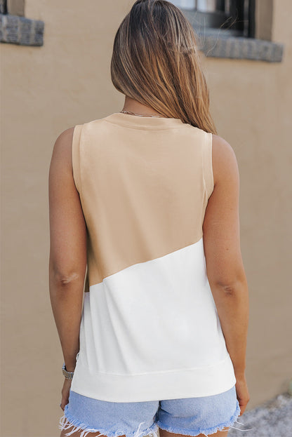 Apricot Colorblock Sleeveless Tank Top with Round Neck