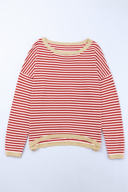 Fiery Red Striped Contrast Trimmed Drop Shoulder Sweater