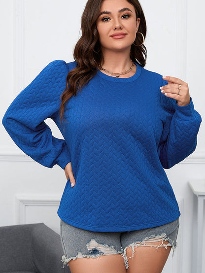 Dark Blue Cable Pattern Puff Sleeve Plus Size Top