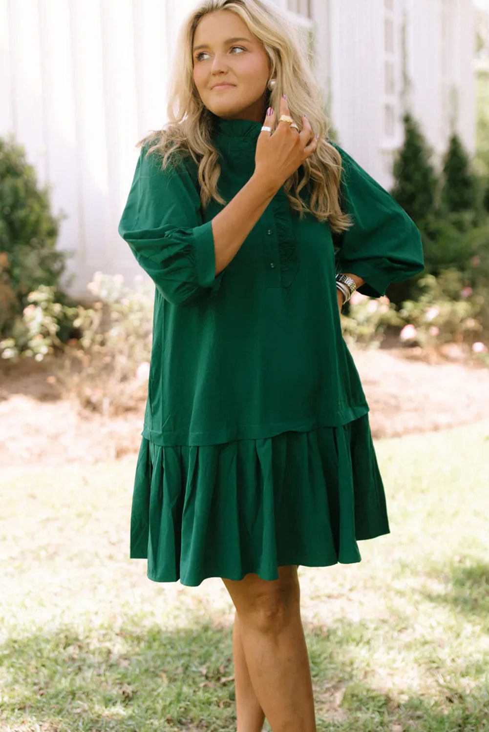 Evergreen Frilled Half Button Neck 3/4 Sleeve Ruffle Hem Mini Dress