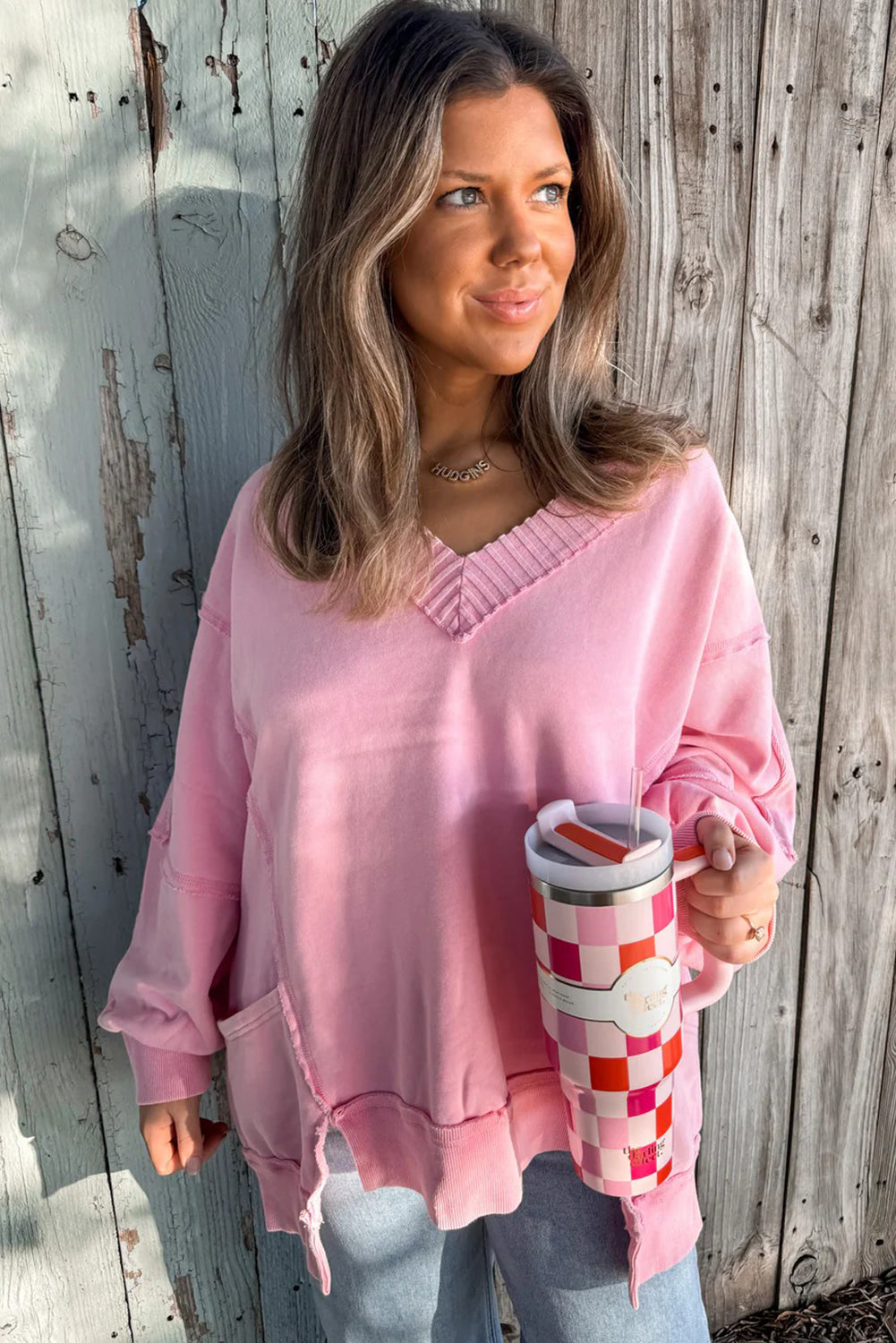 Pink Ribbed V Neck Raw Seam Patchwork Side Pocket Split Hem Loose Pullover