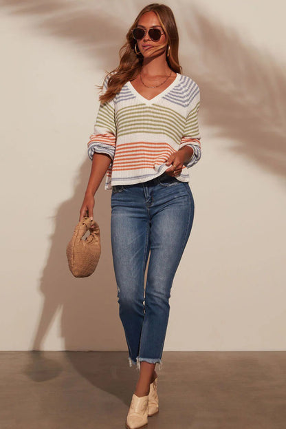 Multicolour Striped Print Raglan Sleeve V Neck Sweater