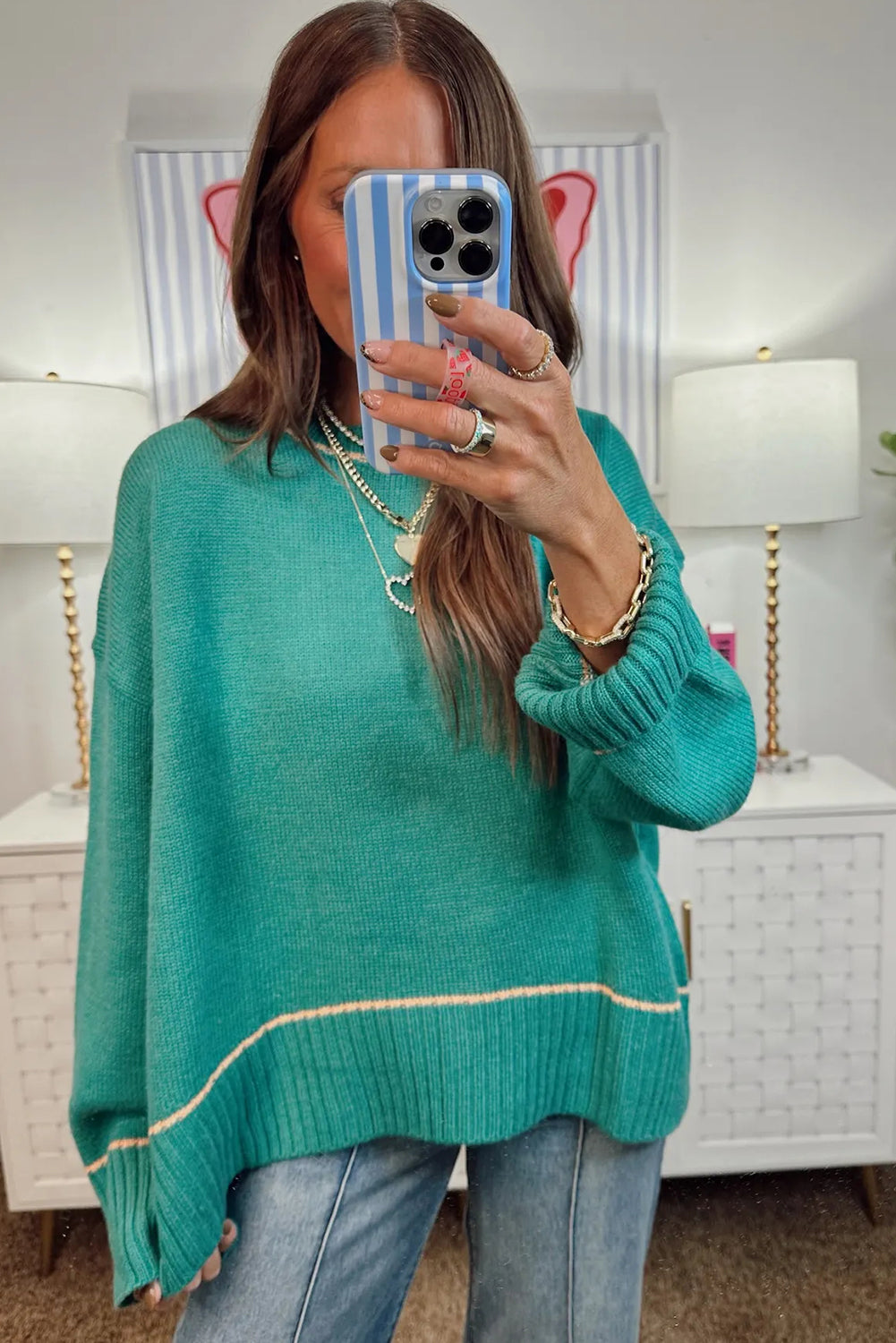Sea Green Contrast Detail Drop Shoulder Baggy Sweater