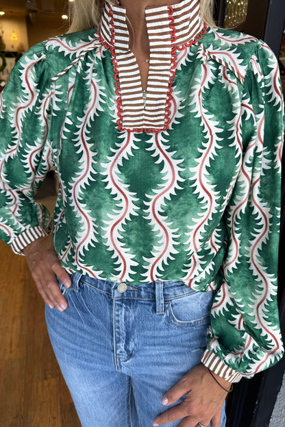 Green Ethnic Floral Print Ricrac Trim Striped Split Neck Long Sleeve Blouse