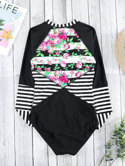 Floral Striped Patchwork Rashguard Swimsuit with Long Sleeves