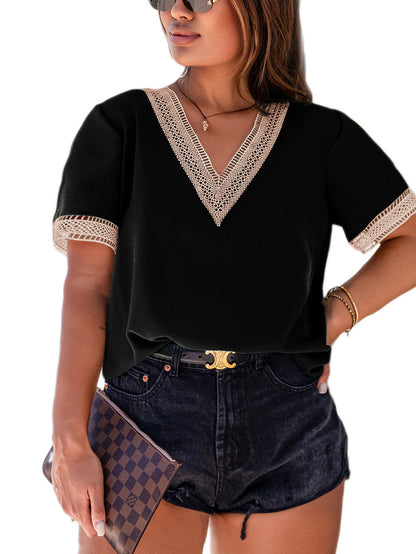 Black Lace Trim Short Sleeve V Neck Plus Size Top