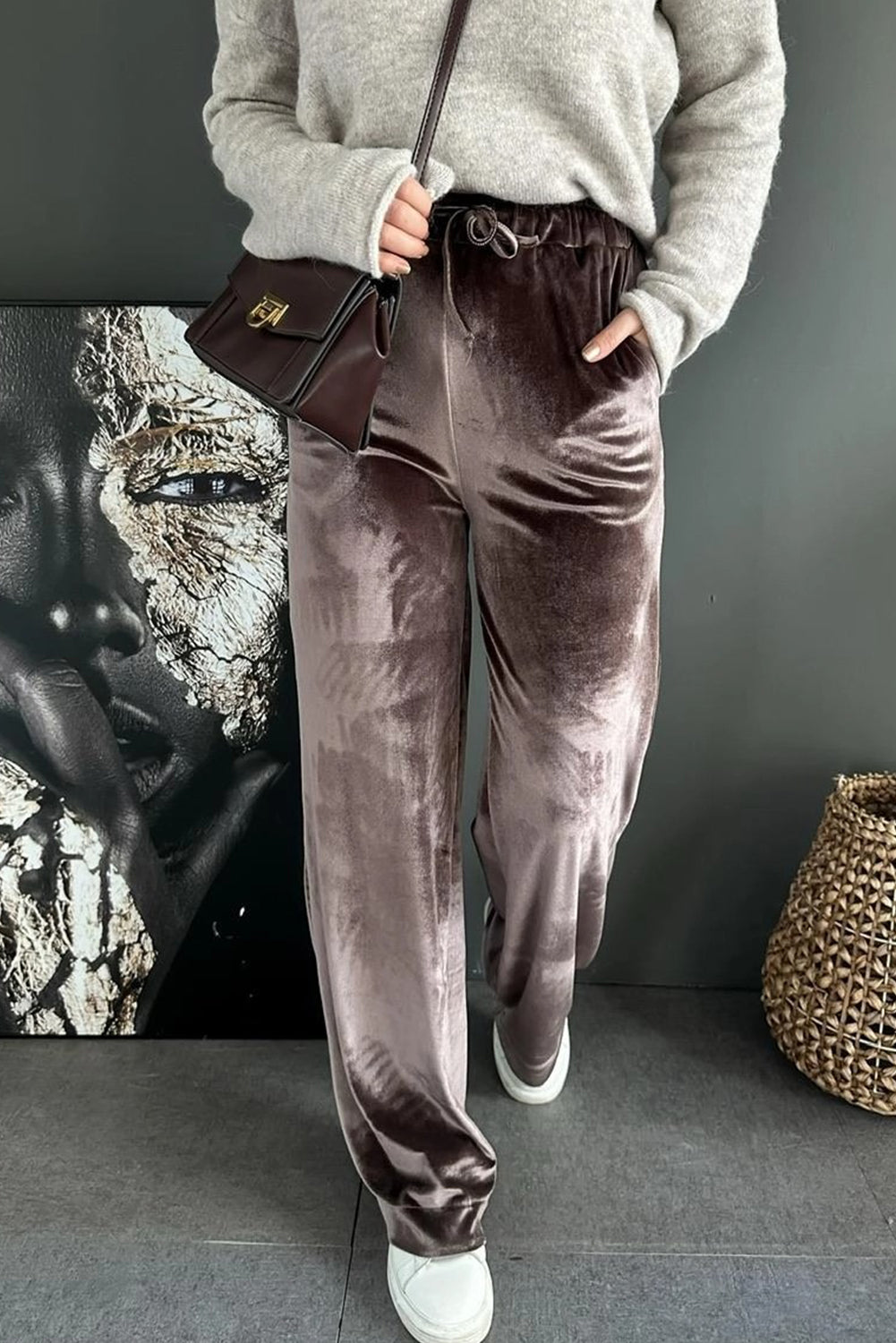 Goat Shiny Velvet Drawstring High Waist Straight Leg Casual Pants