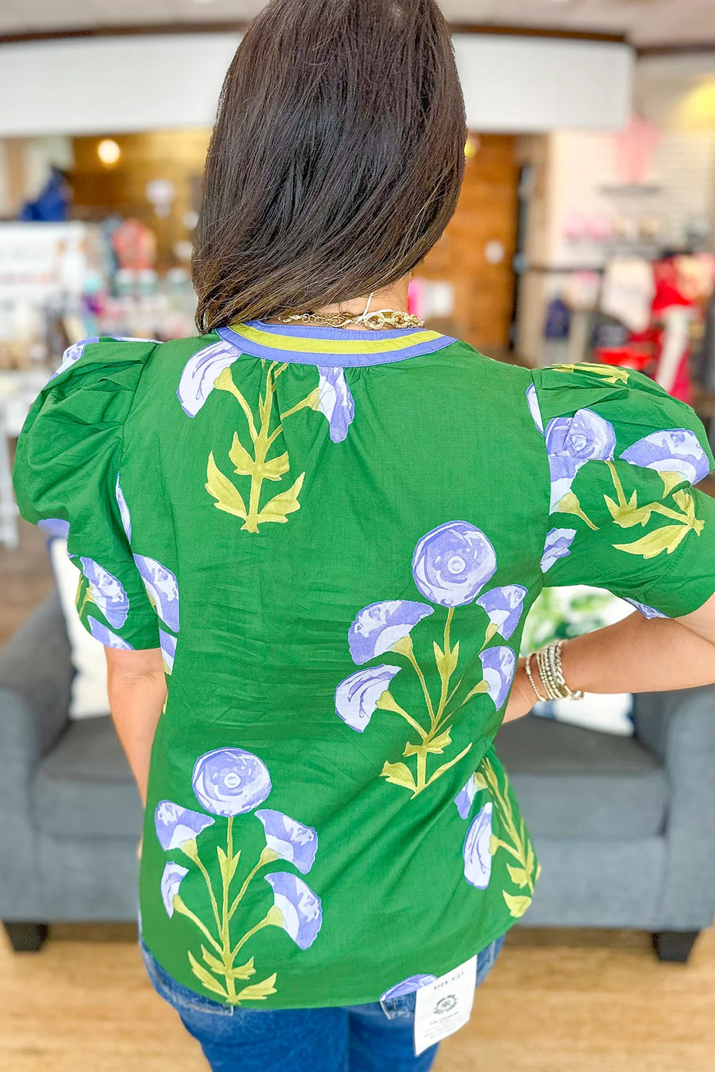 Green Floral Print Short Puff Sleeve Contrasted Striped V Neck Blouse