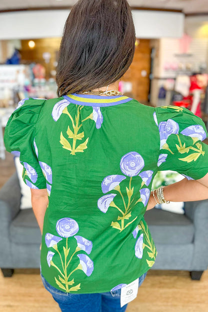 Green Floral Print Short Puff Sleeve Contrasted Striped V Neck Blouse