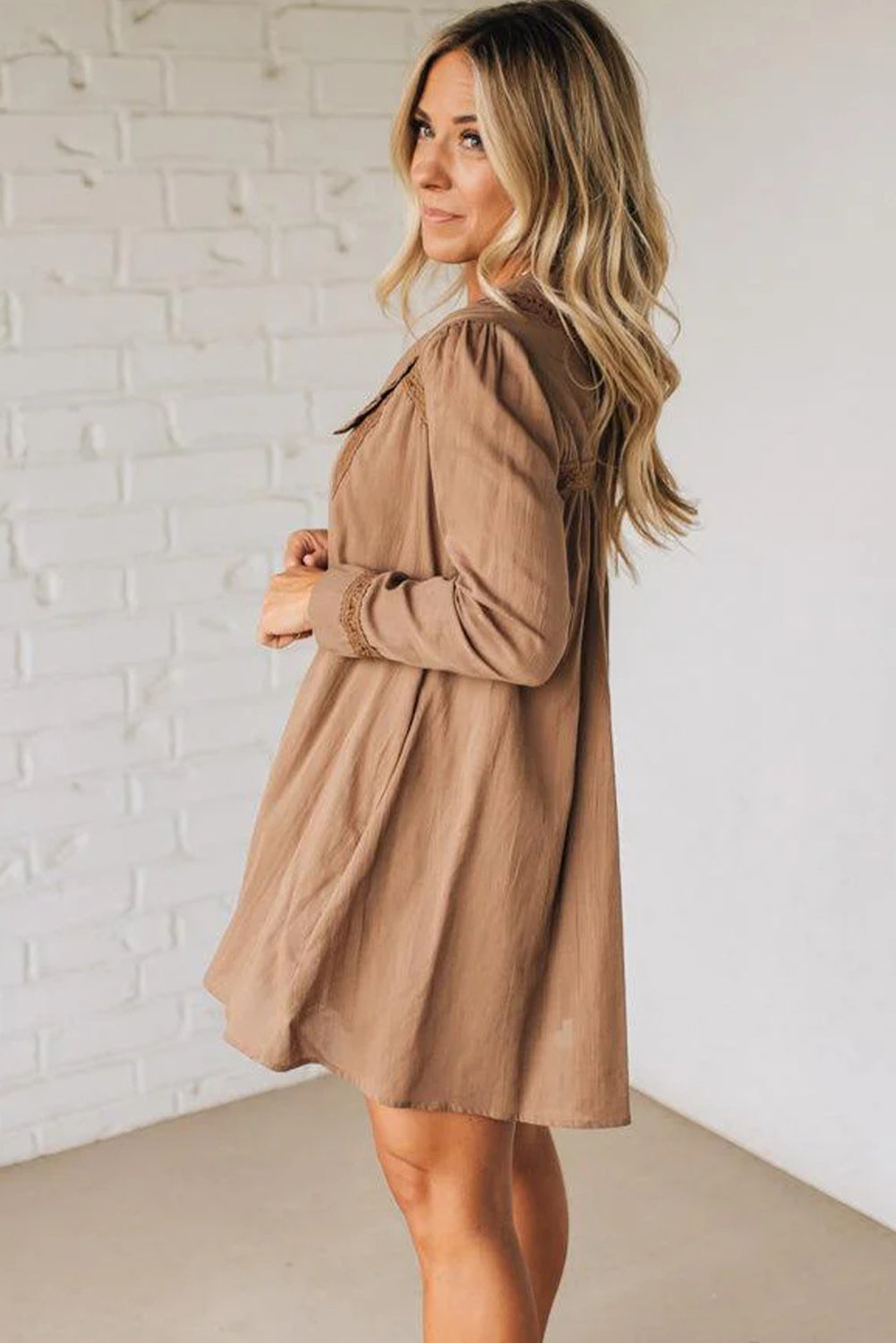 Straw Yellow Lace Trim Peter Pan Collar Long Sleeve Mini Shirt Dress