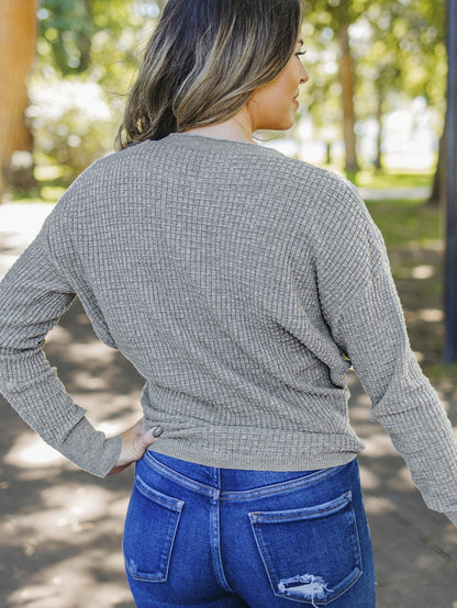 Khaki Reversible V-Neck Waffle Knit Sweater