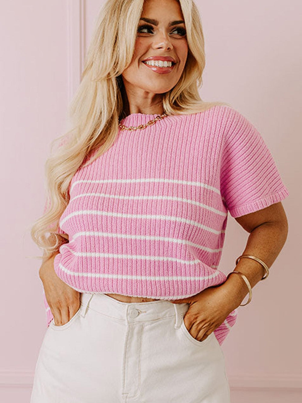 Pink Striped Ribbed Oversized T-Shirt for Plus Size Women
