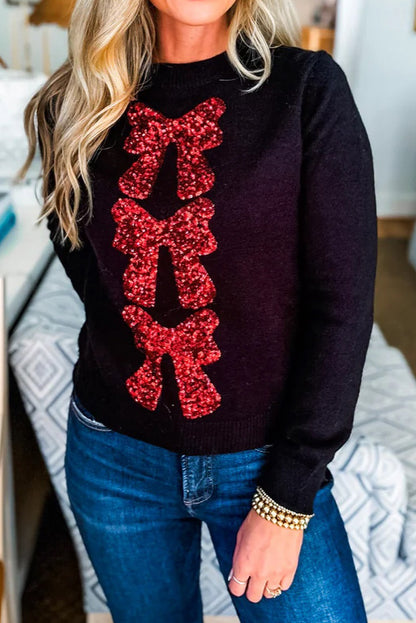 Black Sequin Bow Pattern Casual Sweater