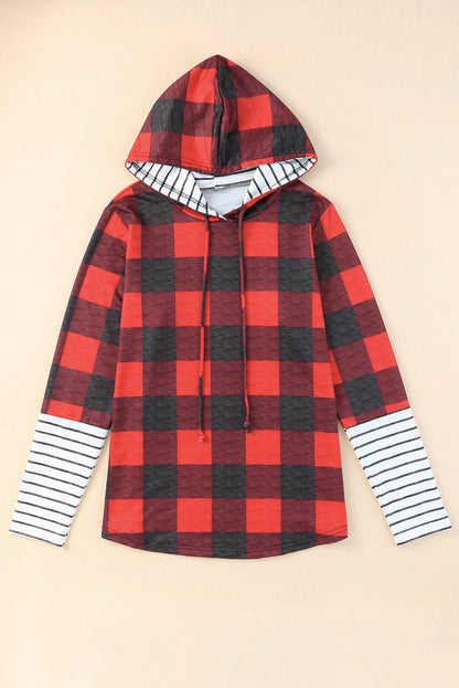 Fiery Red Christmas Plaid Striped Hooded Patchwork Sweatshirt