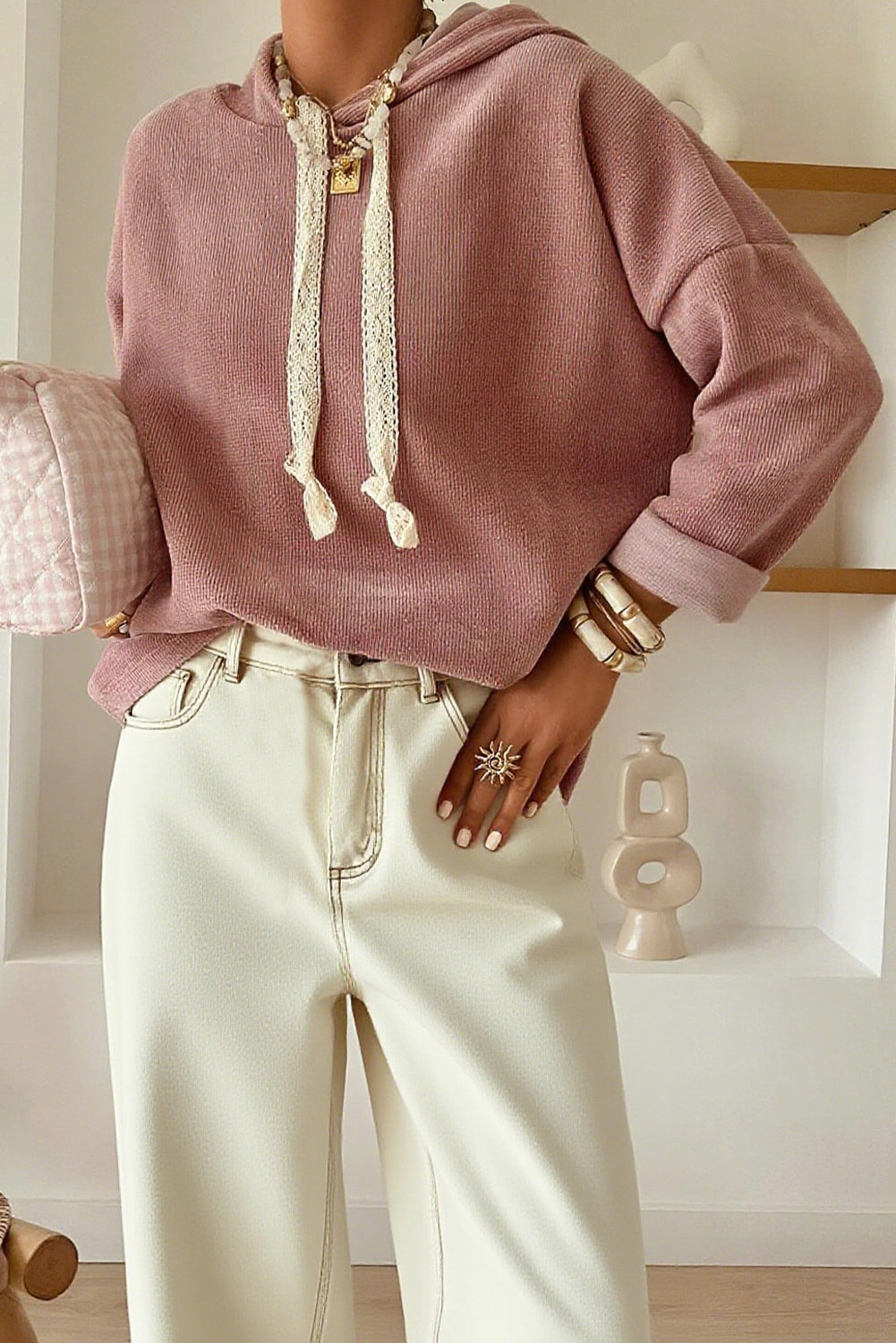 Rose Tan Thermal Textured Lace/Leopard Drawstring Baggy Hoodie