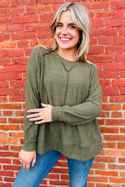 Seagrass Ribbed Knit Exposed Seam Detail Oversize Long Sleeve Top