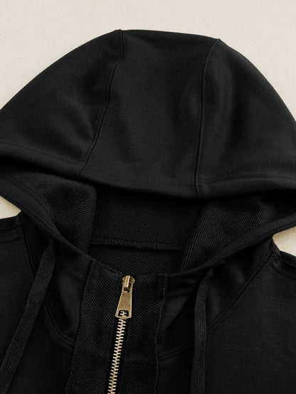 Black Exposed Seam Zip-Up Hooded Jacket
