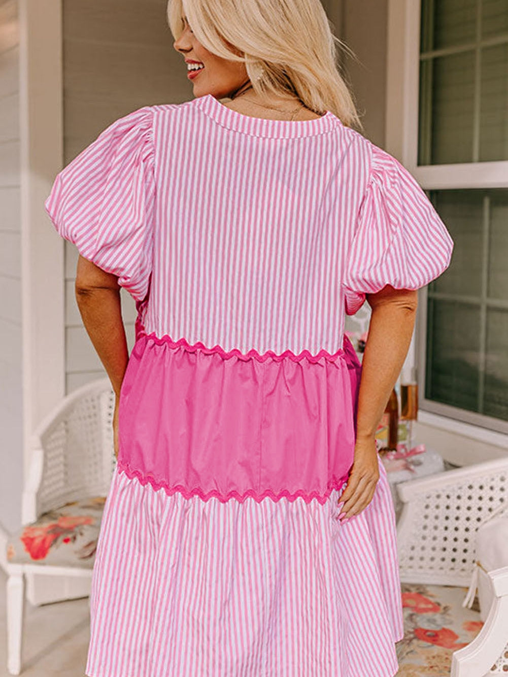 Pink Ricrac Stripe Block Puff Sleeve A-Line Shift Dress