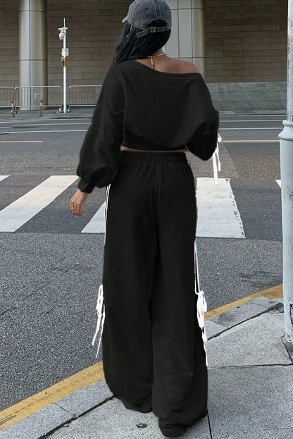 Black Varsity Striped Bow Knot Detail Cropped Top Elastic Waist Pull On Loose Pant Set