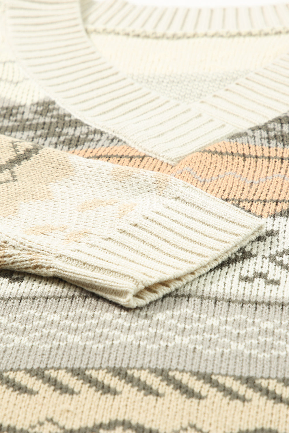 Khaki Aztec Print V Neck Sweater with Ribbed Texture