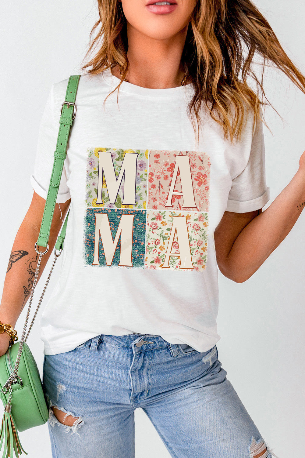 Elegant Floral Mama Print White Casual Tee