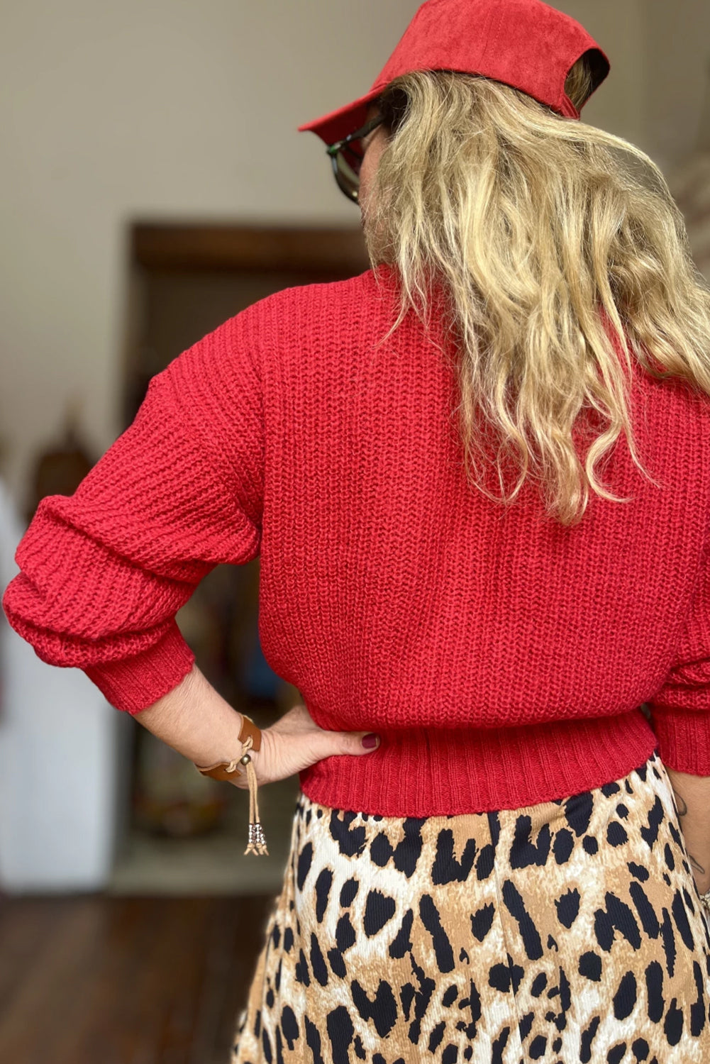 Fiery Red Button V Neck Fitted Hem Contrast Sweater Cardigan