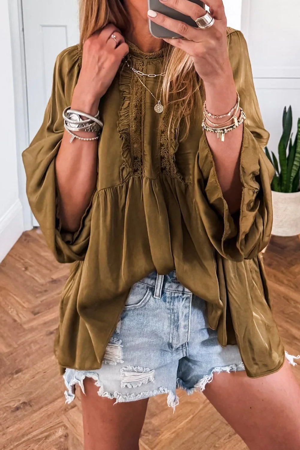 Jungle Green Silky Round Neck Lace Frilled Detail Long Sleeve Blouse