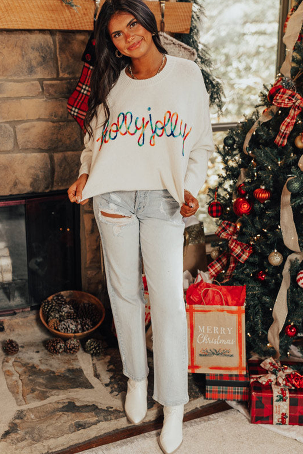 Beige Colorful Holly Jolly Christmas Knit Loose Sweater