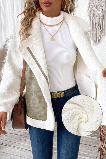 Laurel Green Faux Suede Sherpa Patchwork Zip Up Pocketed Jacket