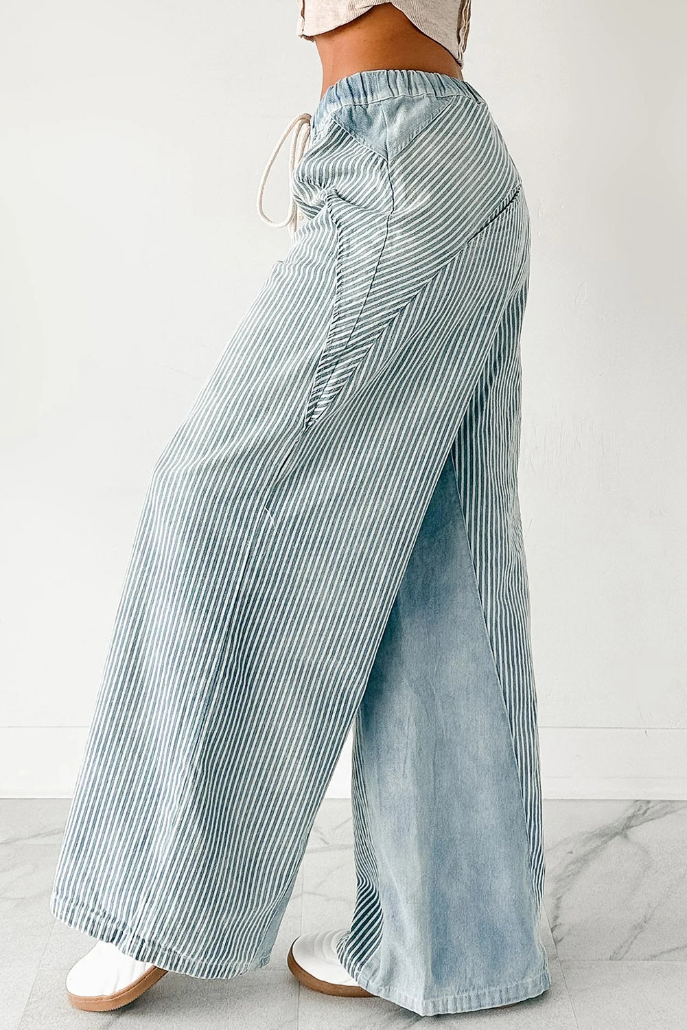 Sky Blue Stripe Contrast Drawstring Wide Leg Patchwork Jeans