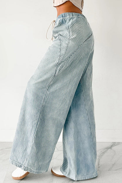 Sky Blue Stripe Contrast Drawstring Wide Leg Patchwork Jeans