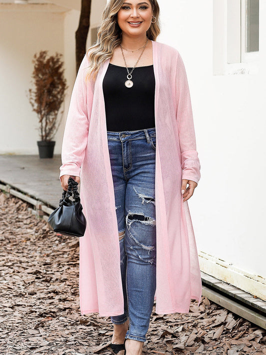 Pink Sheer Knit Long Side Slit Plus Size Cardigan with Southern Belle Style