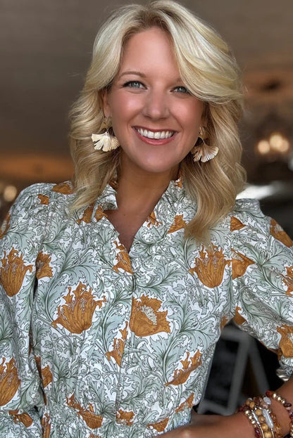 Brown Floral Printed Frilled V Neck Bracelet Sleeve Midi Dress