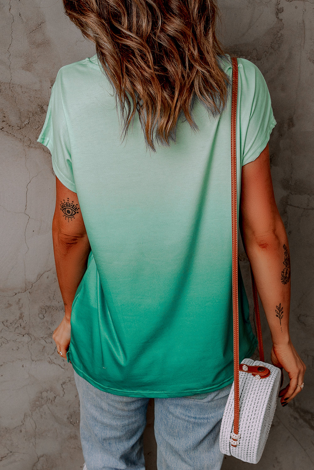 Green Striped Short Sleeve T-Shirt with Pocket and Gradient Color Detail