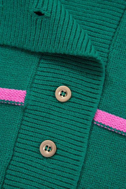 Green Stripe Half Buttons Drop Shoulder Plus Size Sweater