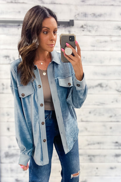Dusk Blue Velvet Flap Pockets Drop Shoulder Casual Shacket