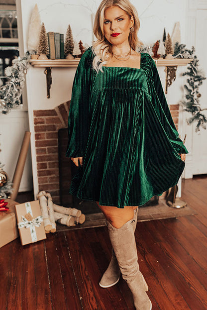 Blackish Green Textured Velvet Square Neck Bubble Sleeve Plus Mini Dress