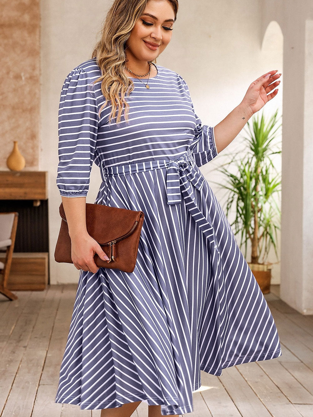 Elegant Gray Striped Tie Waist Midi Dress for Plus Size Women
